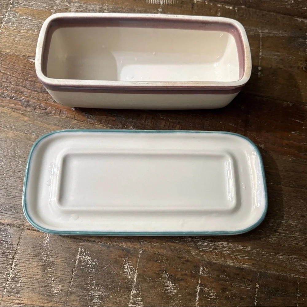 Pfaltzgraff junior Cream Butter Dish with Teal and mauve Bands